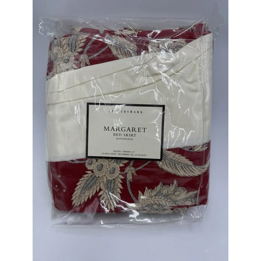 Pottery Barn Margaret bed skirt juponnage Cotton Linen Floral Beige Red Queen